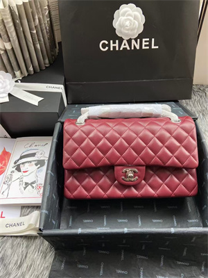 Chanel Medium Classic Flap Bag Lambskin Silver Tone Metal Burgundy 01112