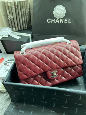 Chanel Medium Classic Flap Bag Lambskin Silver Tone Metal Burgundy 01112