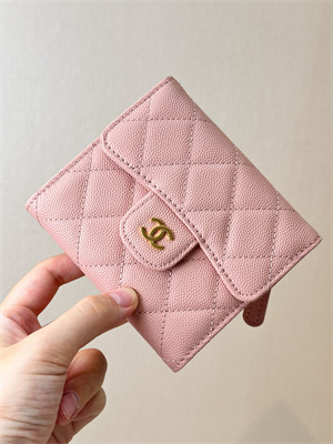Chanel Small Flap Wallet Tri-Fold Grained Calfskin Gold Tone Metal Pink A82288