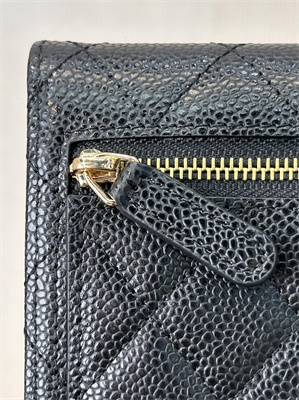 Chanel Small Flap Wallet Tri-Fold Grained Calfskin Gold Tone Metal Black A82288 (big grain)