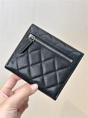 Chanel Small Flap Wallet Tri-Fold Grained Calfskin Silver Tone Metal Black A82288 (big grain)