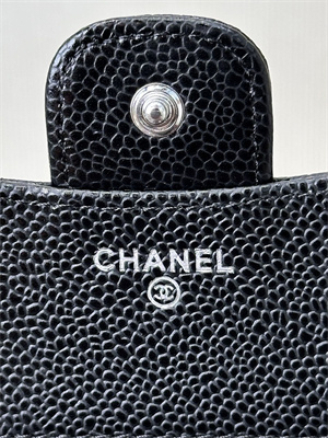 Chanel Small Flap Wallet Tri-Fold Grained Calfskin Silver Tone Metal Black A82288 (big grain)