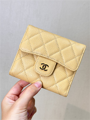 Chanel Small Flap Wallet Tri-Fold Grained Calfskin Gold Tone Metal Beige A82288