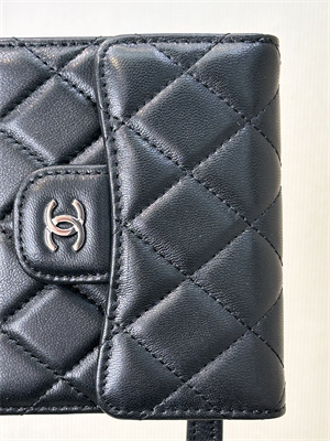 Chanel Small Flap Wallet Tri-Fold Lambskin Silver Tone Metal Black A82288