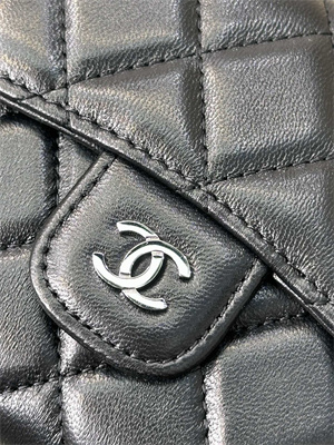 Chanel Small Flap Wallet Tri-Fold Lambskin Silver Tone Metal Black A82288