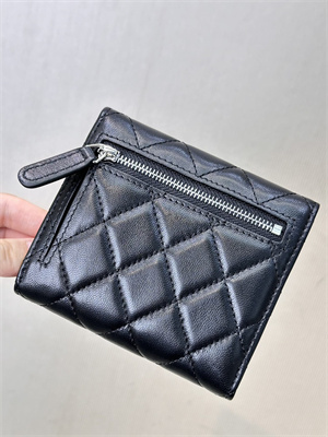 Chanel Small Flap Wallet Tri-Fold Lambskin Silver Tone Metal Black A82288