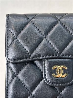 Chanel Small Flap Wallet Tri-Fold Lambskin Gold Tone Metal Black A82288