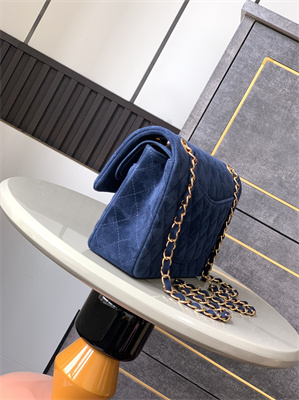 Cha.nel Medium Classic Flap Bag Suede Gold Tone Metal Blue 01112
