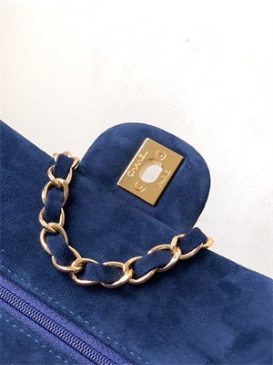 Cha.nel Medium Classic Flap Bag Suede Gold Tone Metal Blue 01112