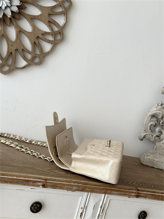 Chanel Medium Classic Flap Bag Iridescent Grained Calfskin Gold Tone Metal Lt Beige 01112