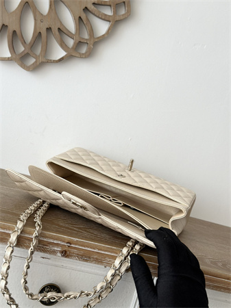 Chanel Medium Classic Flap Bag Iridescent Grained Calfskin Gold Tone Metal Lt Beige 01112