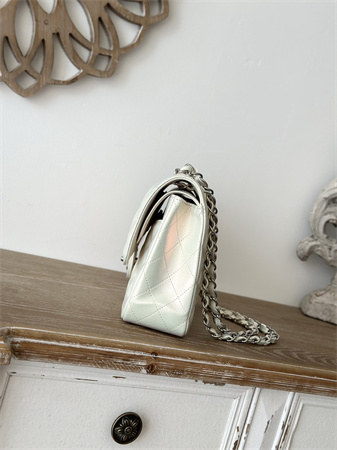 Chanel Medium Classic Flap Bag Iridescent Lambskin Silver Tone Metal White 01112