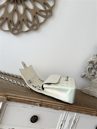 Chanel Medium Classic Flap Bag Iridescent Lambskin Silver Tone Metal White 01112