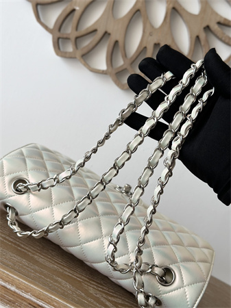 Chanel Medium Classic Flap Bag Iridescent Lambskin Silver Tone Metal White 01112