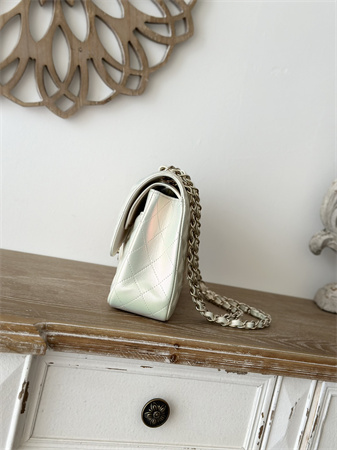 Chanel Medium Classic Flap Bag Iridescent Lambskin Gold Tone Metal White 01112