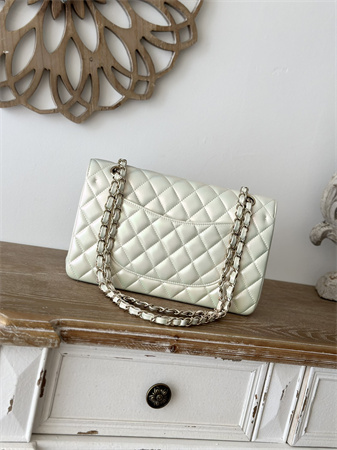 Chanel Medium Classic Flap Bag Iridescent Lambskin Gold Tone Metal White 01112