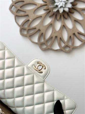 Chanel Medium Classic Flap Bag Iridescent Lambskin Gold Tone Metal White 01112