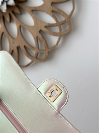 Chanel Medium Classic Flap Bag Iridescent Lambskin Gold Tone Metal Lt Beige 01112