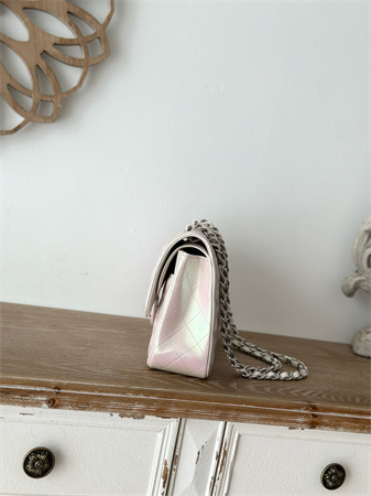 Chanel Medium Classic Flap Bag Iridescent Lambskin Silver Tone Metal Lt Beige 01112