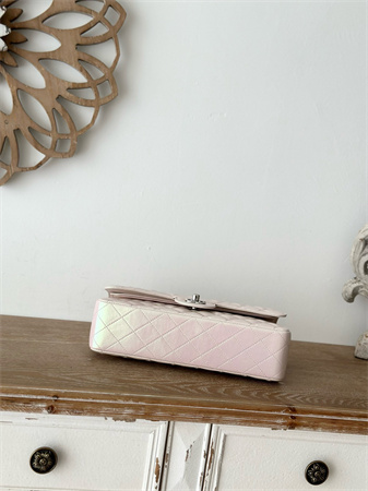 Chanel Medium Classic Flap Bag Iridescent Lambskin Silver Tone Metal Lt Beige 01112