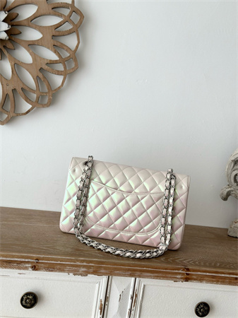 Chanel Medium Classic Flap Bag Iridescent Lambskin Silver Tone Metal Lt Beige 01112