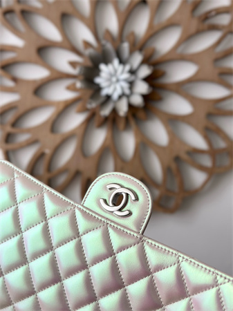 Chanel Medium Classic Flap Bag Iridescent Lambskin Silver Tone Metal Lt Beige 01112