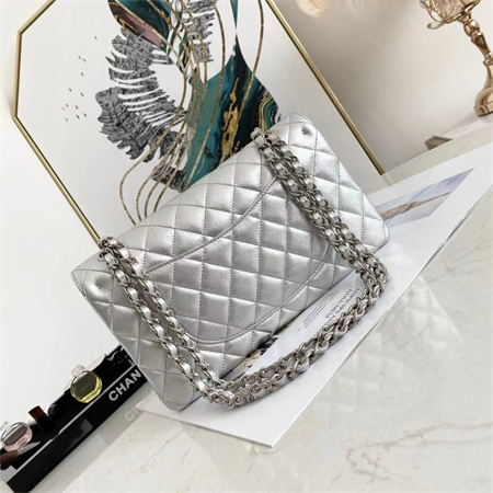Chanel Medium Classic Flap Bag Iridescent Lambskin Silver Tone Metal Silver 01112