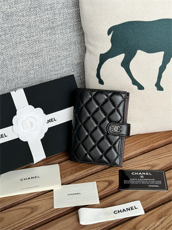 Chanel Passport Holder In Lambskin Silver Tone Metal Black AP3658