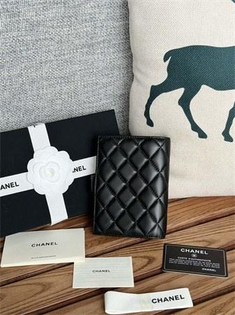 Chanel Passport Holder In Lambskin Silver Tone Metal Black AP3658