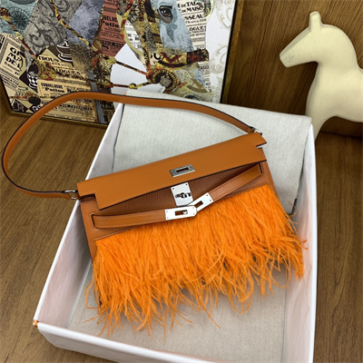 Kelly Elan Bag Goatskin Leather With Ostrich Feather Silver Tone Metal In Orange HS