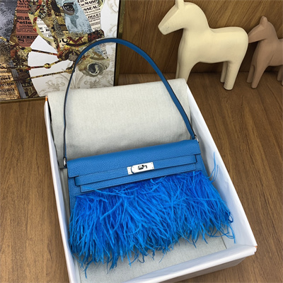Kelly Elan Bag Goatskin Leather With Ostrich Feather Silver Tone Metal In Blue Frida HS
