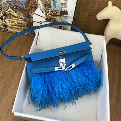 Kelly Elan Bag Goatskin Leather With Ostrich Feather Silver Tone Metal In Blue Frida HS