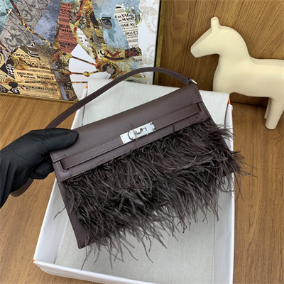 Kelly Elan Bag Goatskin Leather With Ostrich Feather Silver Tone Metal In Rouge Moyen HS