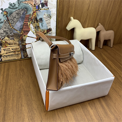 Kelly Elan Bag Goatskin Leather With Ostrich Feather Silver Tone Metal In Gold HS