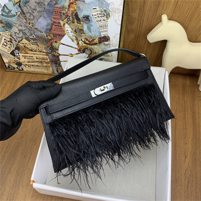 Kelly Elan Bag Goatskin Leather With Ostrich Feather Silver Tone Metal In Black HS