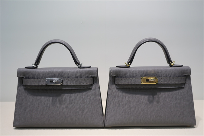 Kelly Mini II Bag Epsom Leather Gold/Silver Hardware In Gris Meyer Color HS