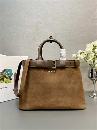 Prada Buckle medium Suede leather handbag with double belt Brown1BA417