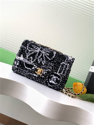 Cha.nel Flap Bag Sequins & Gold-Tone Metal Black/White AS4561