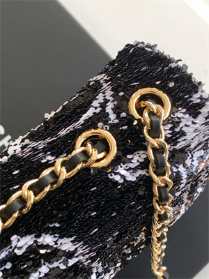 Cha.nel Flap Bag Sequins & Gold-Tone Metal Black/White AS4561