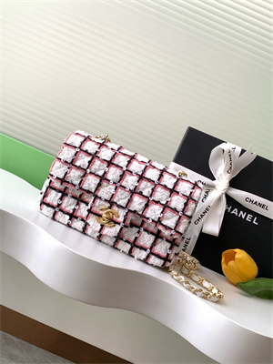 Cha.nel Mini Classic Flap Bag Tweed With Sequins Gold Tone Metal White/Pink 01116