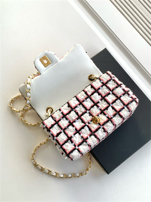 Cha.nel Mini Classic Flap Bag Tweed With Sequins Gold Tone Metal White/Pink 01116