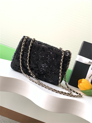 Cha.nel Mini Classic Handbag Sequins and Gold Tone Metal Black A69900