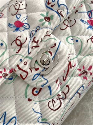 Cha.nel Medium Classic Flap Bag Colorful Canvas Silver Tone Metal  White 01112