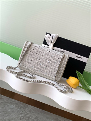 Cha.nel Mini Classic Flap Bag Tweed With Grey Leather Silver Tone Metal AS5243