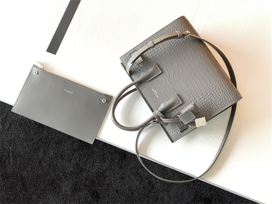 Y.S.L SAC DE JOUR BABY In Grey Corcodile Embossed Leather Silver Tone Metal