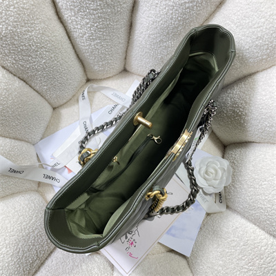 Cha.nel 19 Shopping Bag Lambskin Gold Tone Metal Kahki Green AS3660