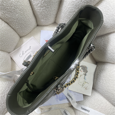 Cha.nel 19 Shopping Bag Lambskin Silver Tone Metal Kaki Green AS3660