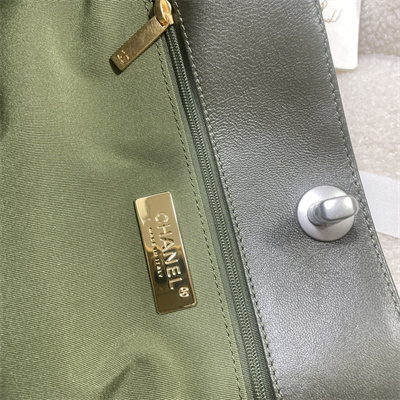 Cha.nel 19 Shopping Bag Lambskin Silver Tone Metal Kaki Green AS3660