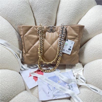 Cha.nel 19 Shopping Bag Lambskin Silver Tone Metal Brown AS3660