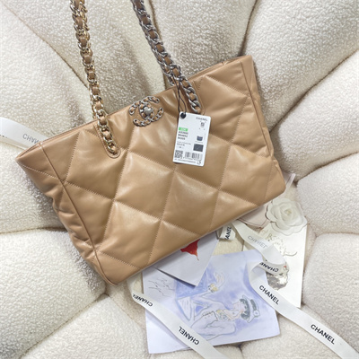 Cha.nel 19 Shopping Bag Lambskin Silver Tone Metal Brown AS3660